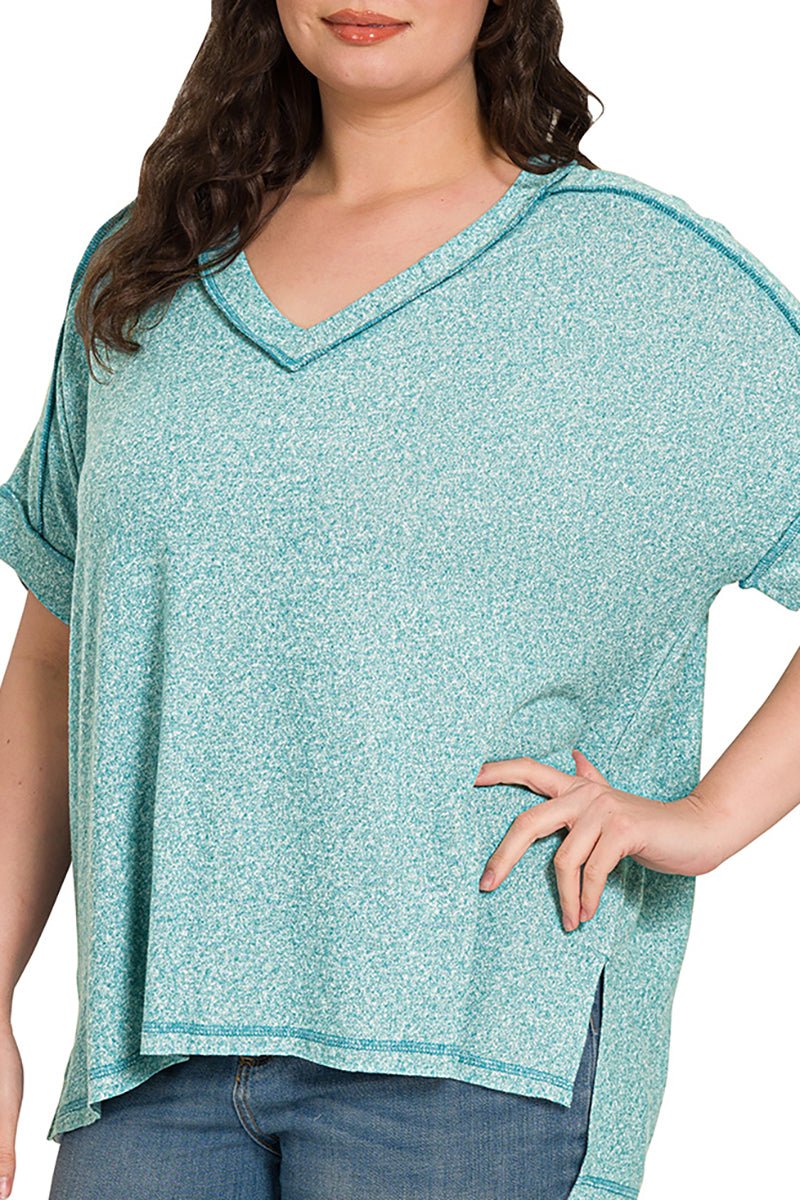 Zenana Plus Size Breezing Through Dusty Teal Melange Hacci Hi - Low V - Neck Tee - Wholesale Accessory Market