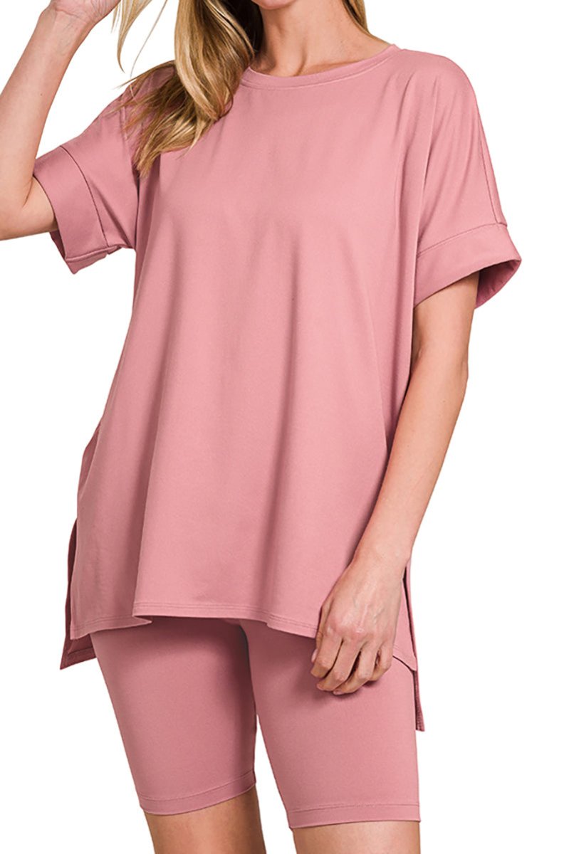 Zenana Mellow Out Light Rose Brushed Microfiber Biker Shorts Set - Wholesale Accessory Market