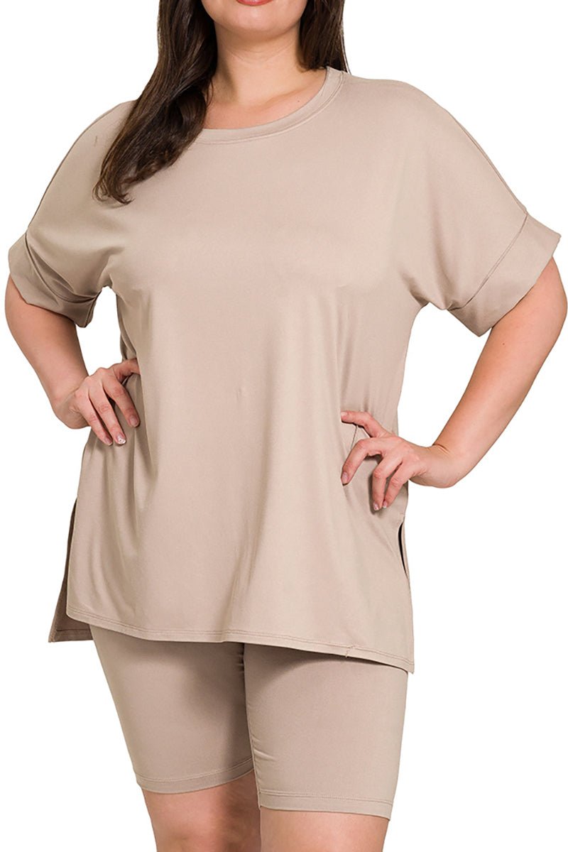 Zenana Plus Size Mellow Out Ash Mocha Brushed Microfiber Biker Shorts Set - Wholesale Accessory Market