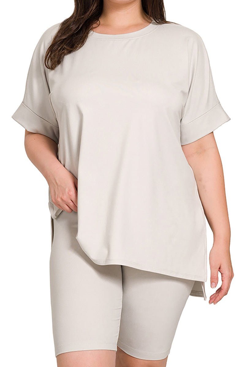Zenana Plus Size Mellow Out Bone Brushed Microfiber Biker Shorts Set - Wholesale Accessory Market