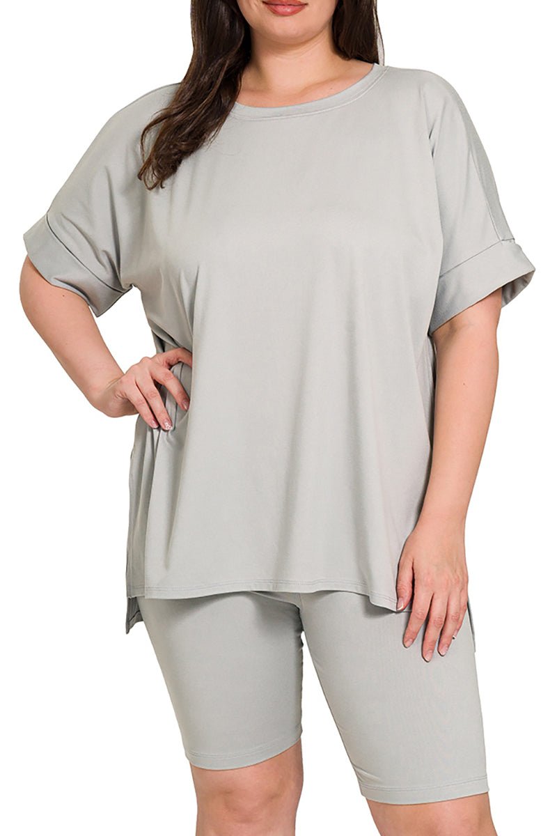 Zenana Plus Size Mellow Out Light Gray Brushed Microfiber Biker Shorts Set - Wholesale Accessory Market
