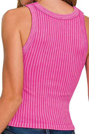 Zenana Sunny Outlook Hot Pink Washed Seamless Ribbed Tank - Wholesale Accessory Market