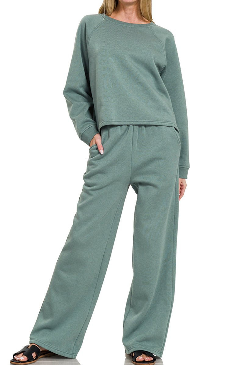 Zenana Chill Factor Ash Jade Fleece Raglan Pullover & Sweatpants Set - Wholesale Accessory Market