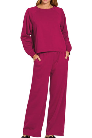 Zenana Chill Factor Cabernet Fleece Raglan Pullover & Sweatpants Set - Wholesale Accessory Market