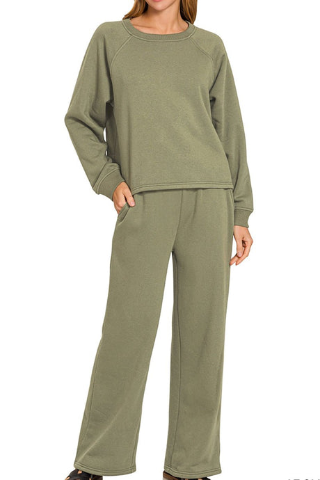 Zenana Chill Factor Light Olive Fleece Raglan Pullover & Sweatpants Set - Wholesale Accessory Market
