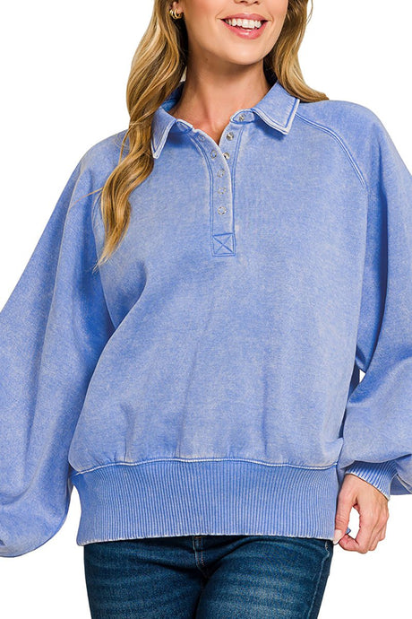 Zenana Bonfire Nights Cornflower Blue Acid Wash Button Collared Pullover - Wholesale Accessory Market