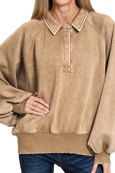 Zenana Bonfire Nights Deep Camel Acid Wash Button Collared Pullover - Wholesale Accessory Market