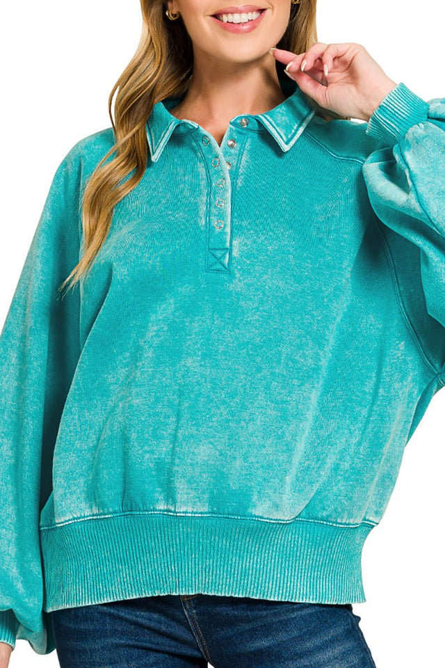 Zenana Bonfire Nights Light Teal Acid Wash Button Collared Pullover - Wholesale Accessory Market
