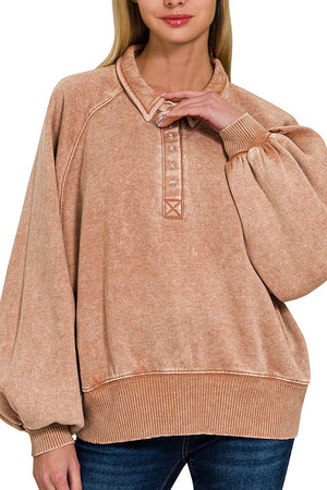 Zenana Bonfire Nights Rust Acid Wash Button Collared Pullover - Wholesale Accessory Market