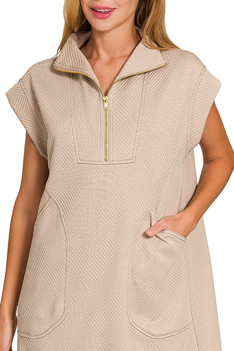 Zenana The Madelyn Ash Mocha Jacquard Quarter Zip Dress - Wholesale Accessory Market