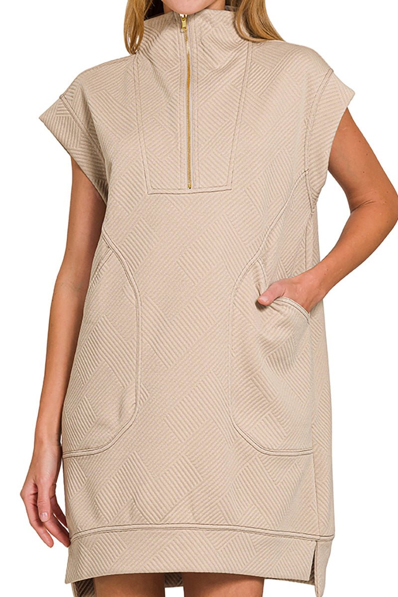 Zenana The Madelyn Ash Mocha Jacquard Quarter Zip Dress - Wholesale Accessory Market