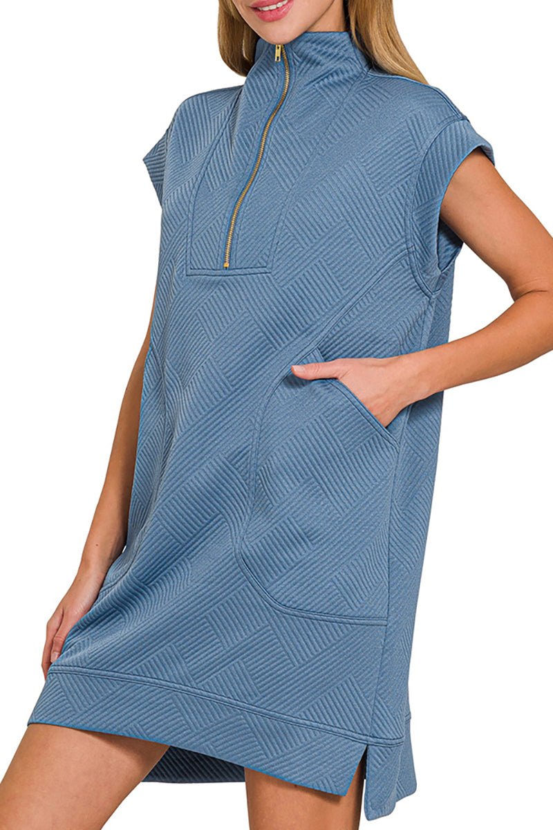 Zenana The Madelyn Dusty Blue Jacquard Quarter Zip Dress - Wholesale Accessory Market