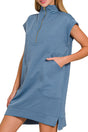 Zenana The Madelyn Dusty Blue Jacquard Quarter Zip Dress - Wholesale Accessory Market