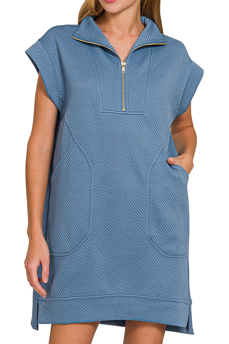 Zenana The Madelyn Dusty Blue Jacquard Quarter Zip Dress - Wholesale Accessory Market