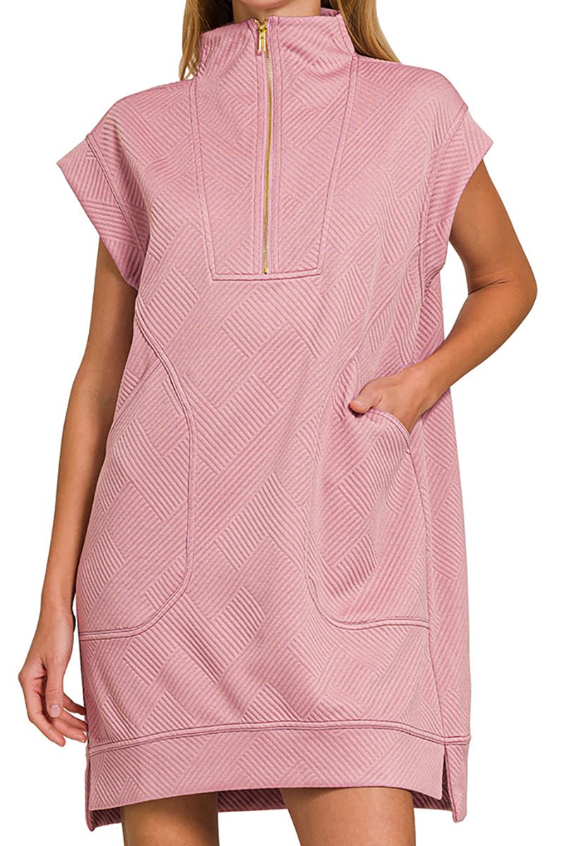 Zenana The Madelyn Light Rose Jacquard Quarter Zip Dress - Wholesale Accessory Market