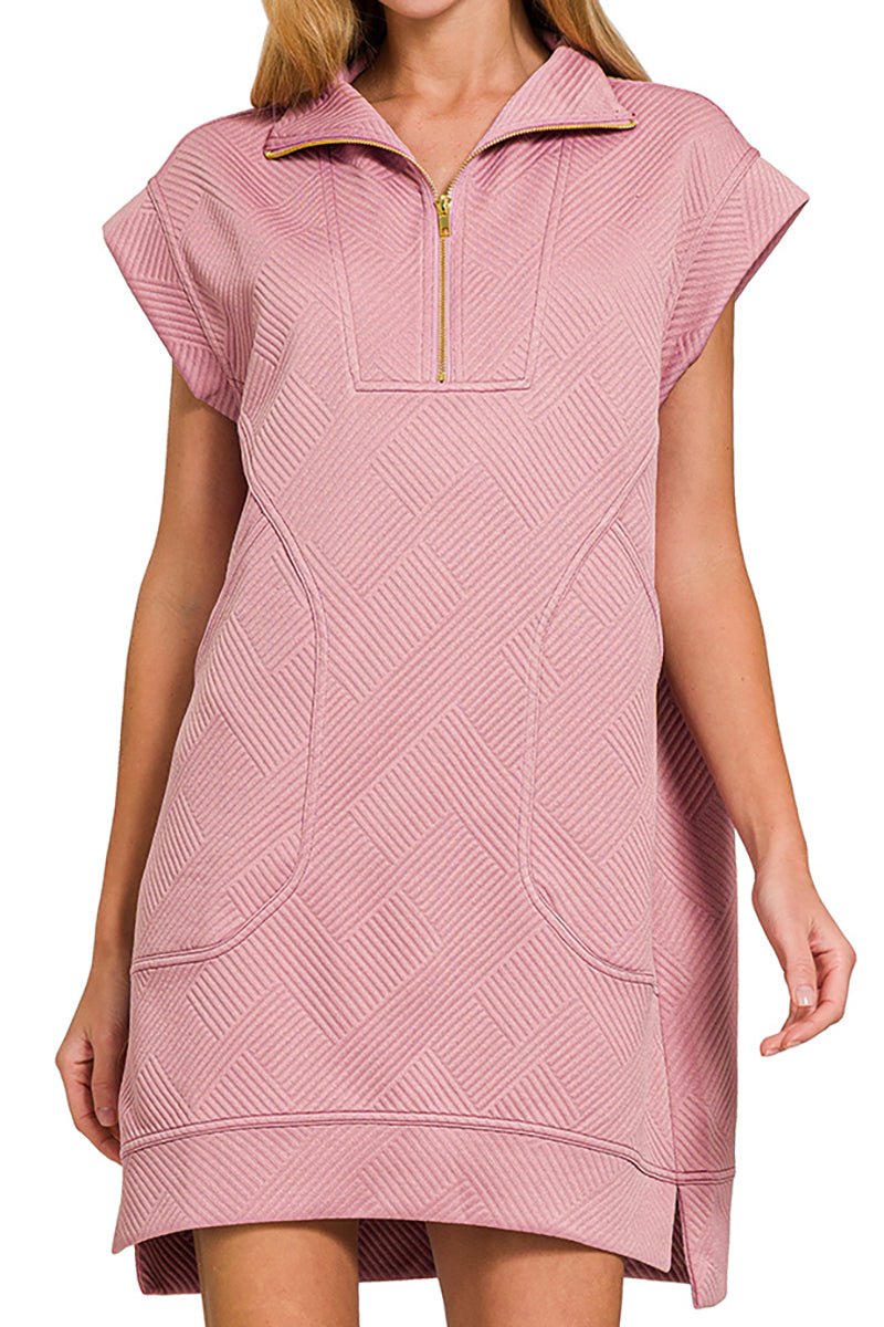Zenana The Madelyn Light Rose Jacquard Quarter Zip Dress - Wholesale Accessory Market