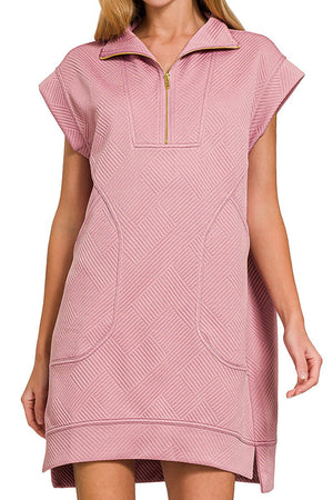 Zenana The Madelyn Light Rose Jacquard Quarter Zip Dress - Wholesale Accessory Market