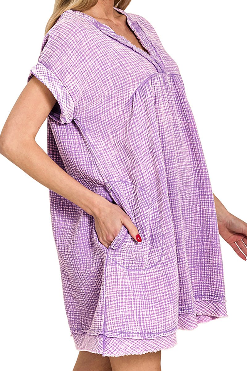 Zenana Summer's Calling Lavender Washed Gauze V - Neck Dress - Wholesale Accessory Market