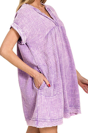 Zenana Summer's Calling Lavender Washed Gauze V - Neck Dress - Wholesale Accessory Market