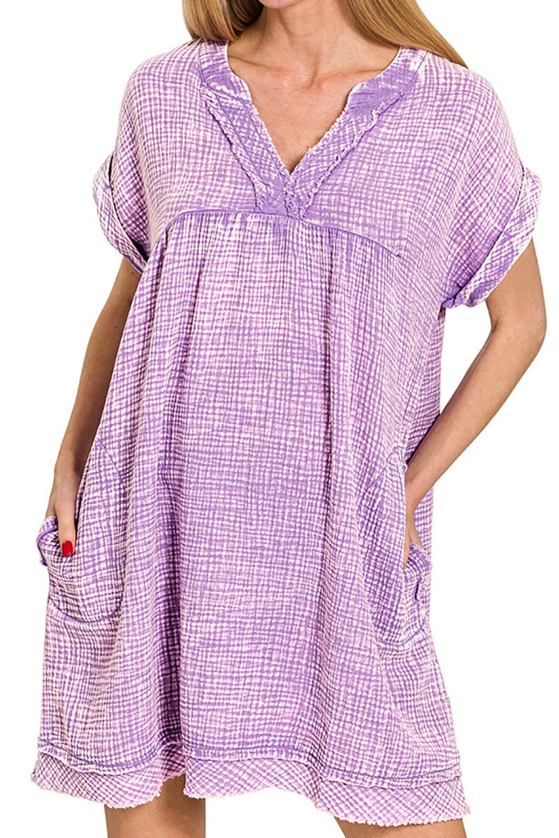 Zenana Summer's Calling Lavender Washed Gauze V - Neck Dress - Wholesale Accessory Market