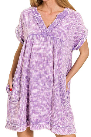 Zenana Summer's Calling Lavender Washed Gauze V - Neck Dress - Wholesale Accessory Market