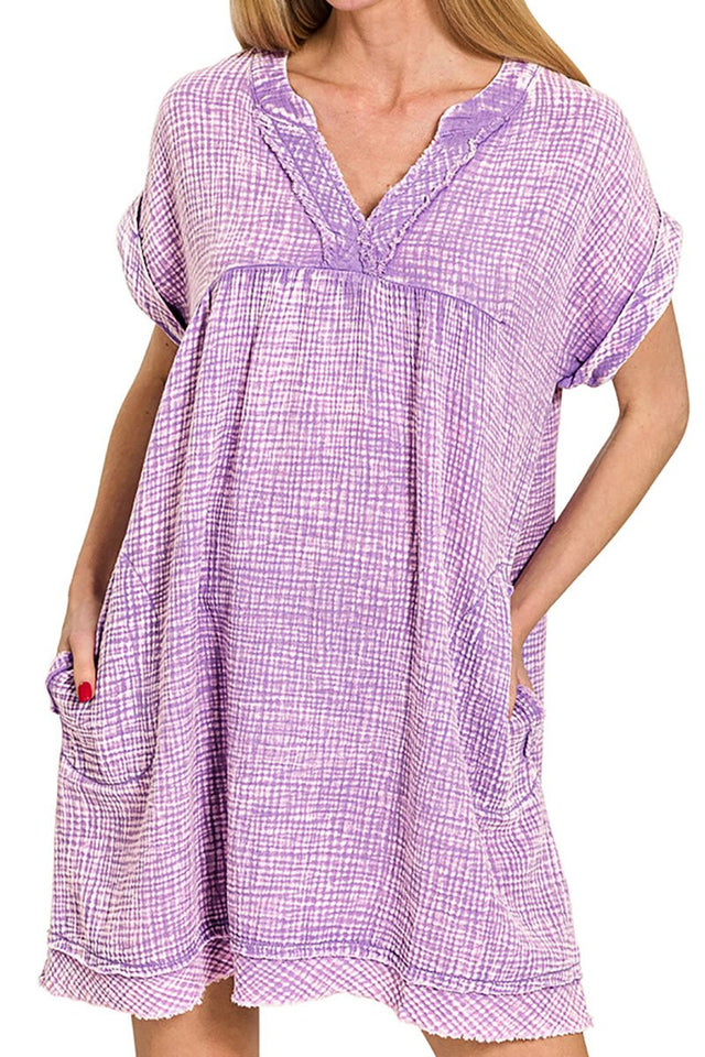 Zenana Summer's Calling Lavender Washed Gauze V - Neck Dress - Wholesale Accessory Market