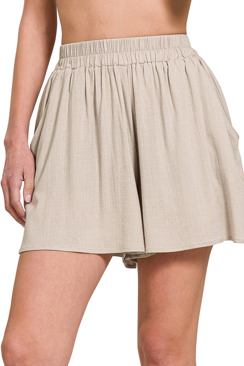 Zenana Sunlit Stroll Sand Beige Woven Shorts - Wholesale Accessory Market