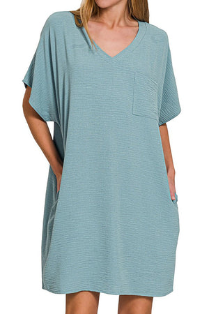 Zenana Go With The Flow Blue Gray V - Neck Pocket Shirt Dress - Wholesale Accessory Market