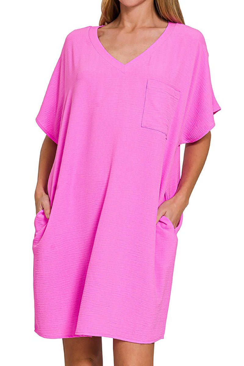 Zenana Go With The Flow Bright Mauve V - Neck Pocket Shirt Dress - Wholesale Accessory Market