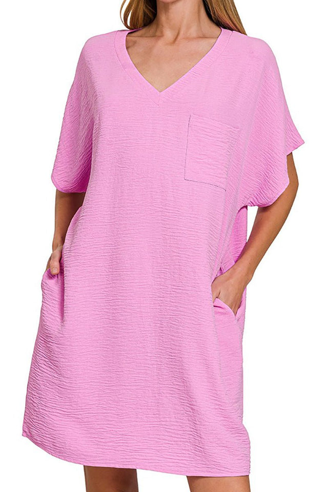 Zenana Go With The Flow Mauve V - Neck Pocket Shirt Dress - Wholesale Accessory Market