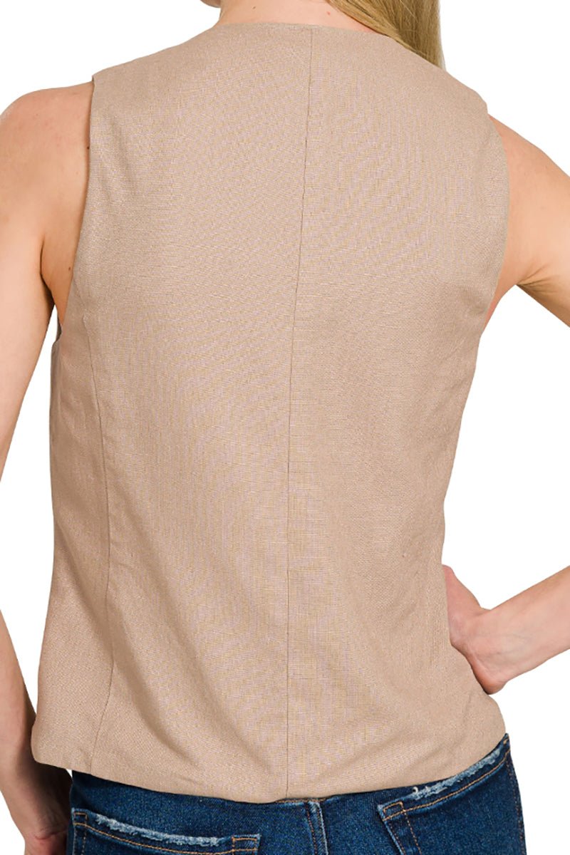 Zenana City Chic Light Mocha Linen 5 Button Vest - Wholesale Accessory Market