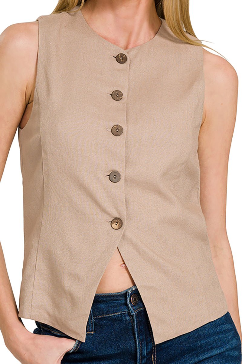 Zenana City Chic Light Mocha Linen 5 Button Vest - Wholesale Accessory Market
