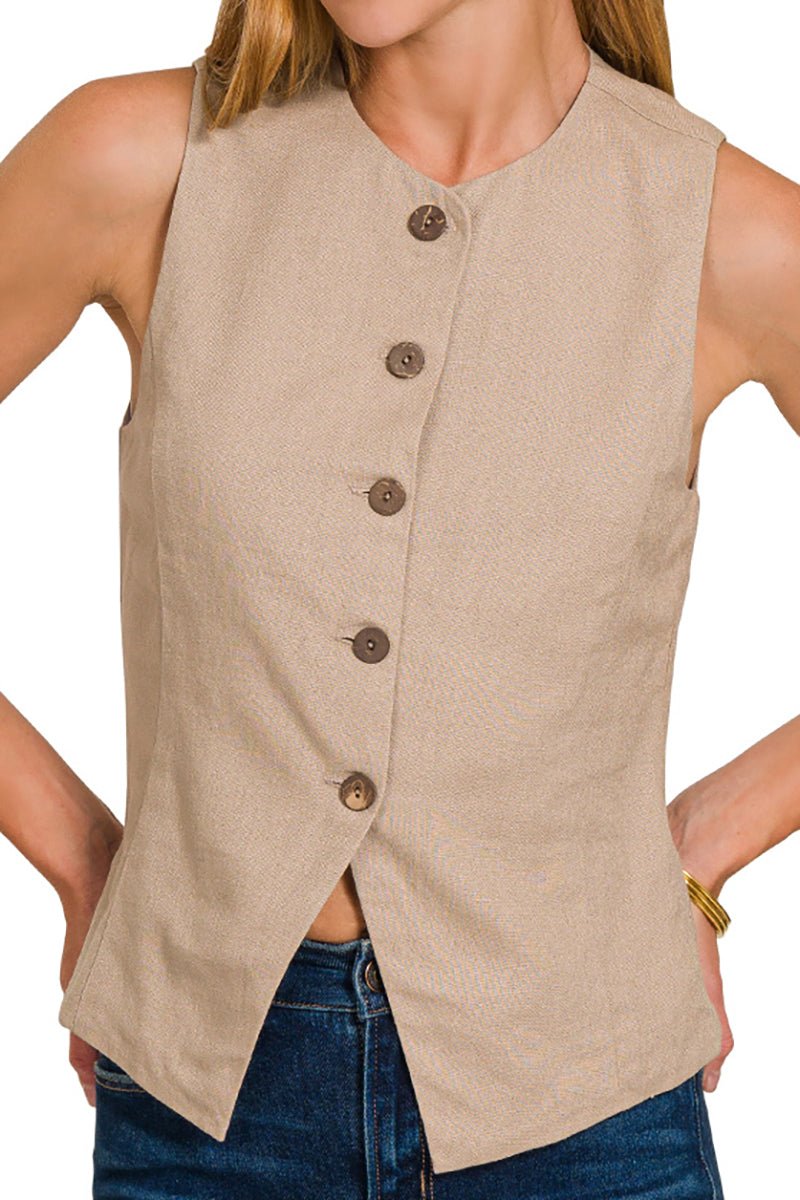 Zenana City Chic Light Mocha Linen 5 Button Vest - Wholesale Accessory Market