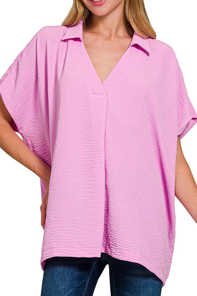 Zenana Cloud Nine Mauve Airflow Collared V - Neck Top - Wholesale Accessory Market