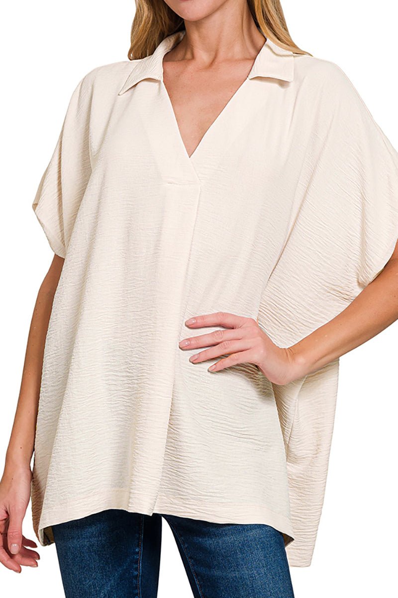 Zenana Cloud Nine Sand Beige Airflow Collared V - Neck Top - Wholesale Accessory Market