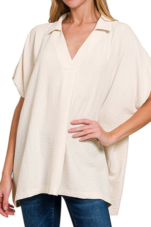Zenana Cloud Nine Sand Beige Airflow Collared V - Neck Top - Wholesale Accessory Market