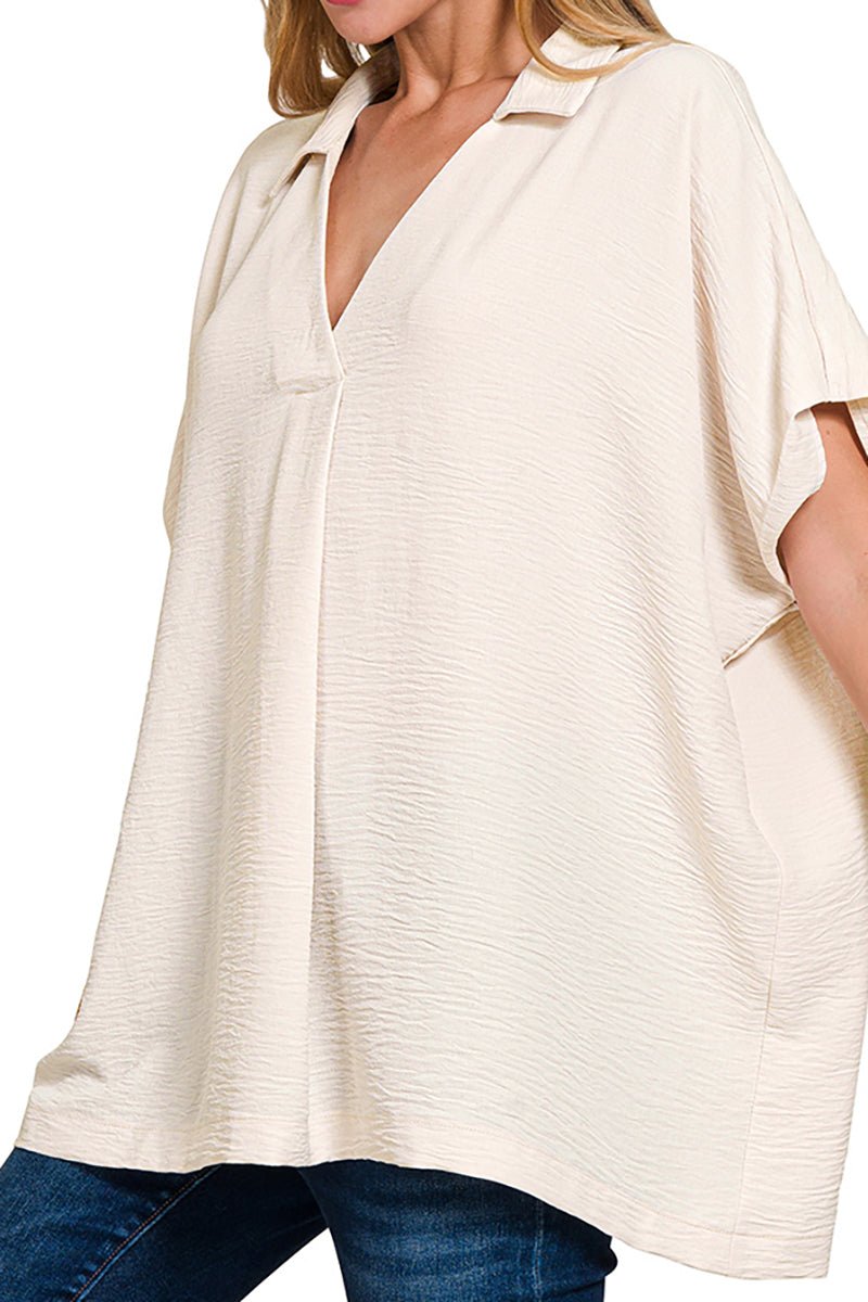 Zenana Cloud Nine Sand Beige Airflow Collared V - Neck Top - Wholesale Accessory Market