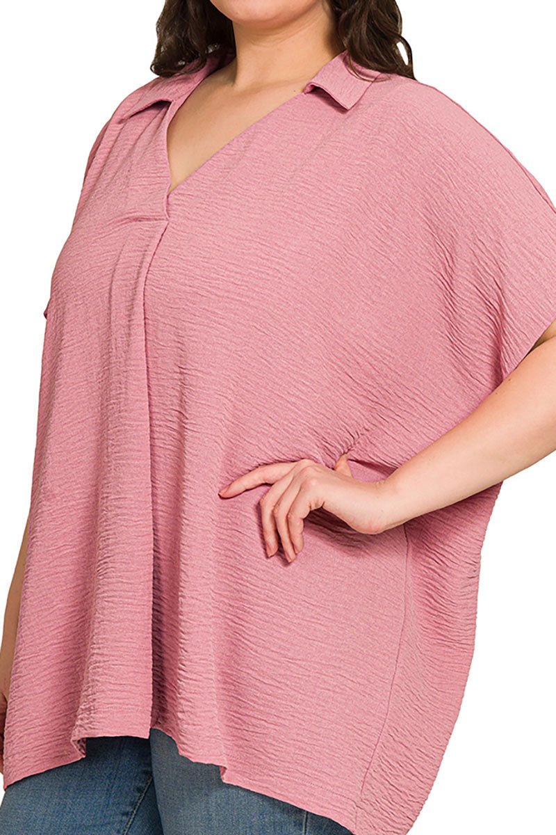 Zenana Plus Size Cloud Nine Light Rose Airflow Collared V - Neck Top - Wholesale Accessory Market