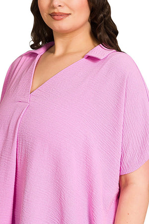 Zenana Plus Size Cloud Nine Mauve Airflow Collared V - Neck Top - Wholesale Accessory Market