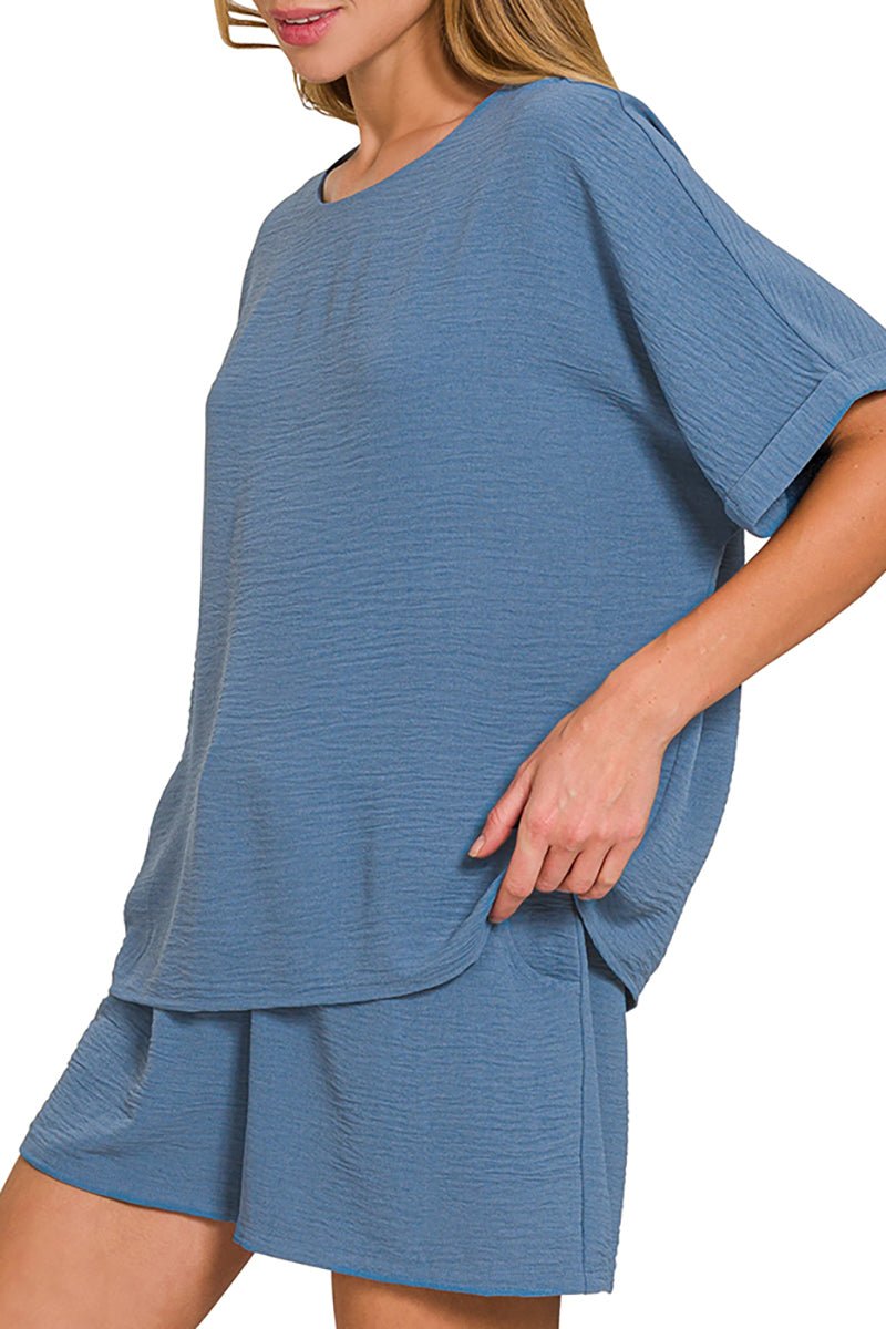 Zenana Just Breezing Through Dusty Blue Woven Top & Shorts Set - Wholesale Accessory Market
