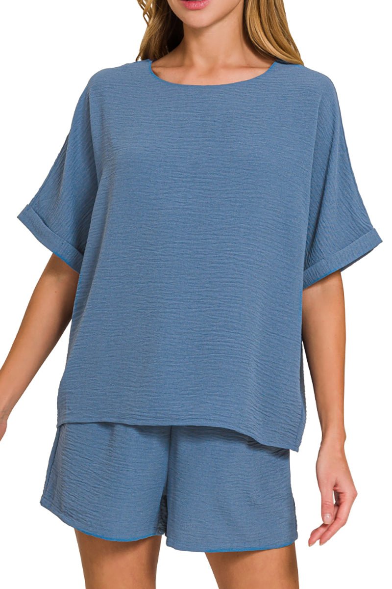 Zenana Just Breezing Through Dusty Blue Woven Top & Shorts Set - Wholesale Accessory Market