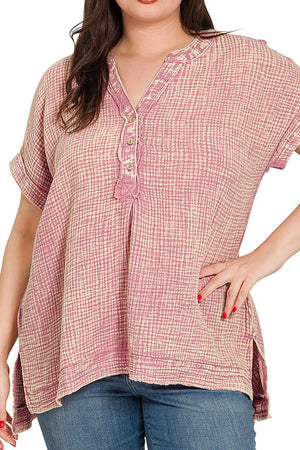 Zenana Plus Size Harbour Island Light Rose Washed Gauze Henley Neck Top - Wholesale Accessory Market