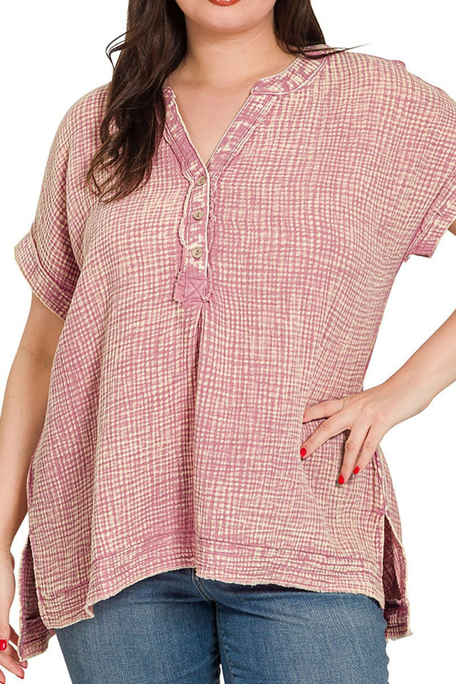 Zenana Plus Size Harbour Island Light Rose Washed Gauze Henley Neck Top - Wholesale Accessory Market