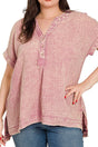 Zenana Plus Size Harbour Island Light Rose Washed Gauze Henley Neck Top - Wholesale Accessory Market