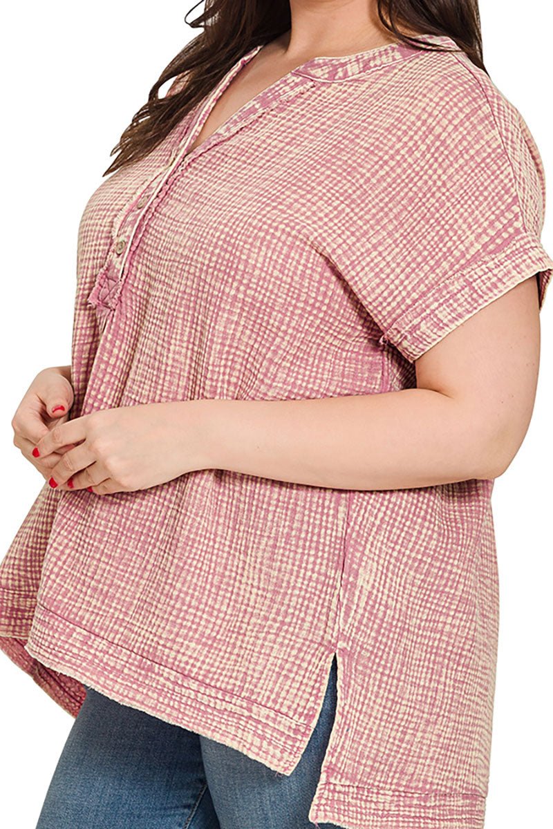Zenana Plus Size Harbour Island Light Rose Washed Gauze Henley Neck Top - Wholesale Accessory Market