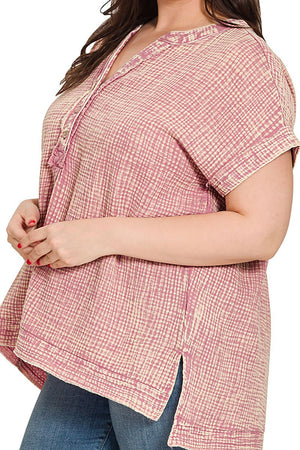Zenana Plus Size Harbour Island Light Rose Washed Gauze Henley Neck Top - Wholesale Accessory Market