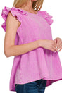 Zenana Islamorada Bright Mauve Washed Gauze Ruffle Peplum Top - Wholesale Accessory Market