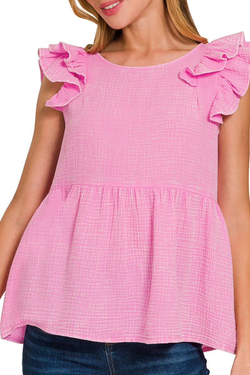 Zenana Islamorada Candy Pink Washed Gauze Ruffle Peplum Top - Wholesale Accessory Market