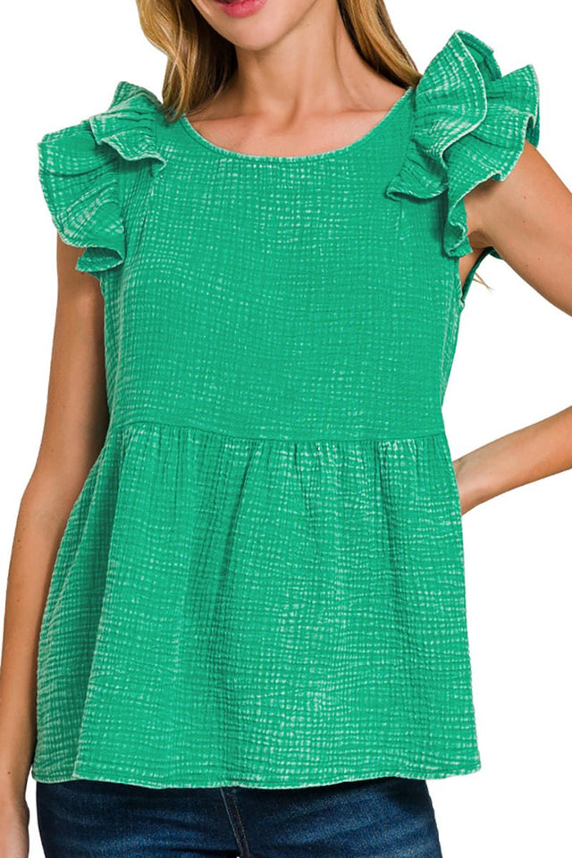 Zenana Islamorada Kelly Green Washed Gauze Ruffle Peplum Top - Wholesale Accessory Market