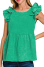 Zenana Islamorada Kelly Green Washed Gauze Ruffle Peplum Top - Wholesale Accessory Market